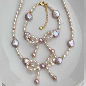S8-Handmade Coin Pearl Bow Necklace And Bracelet Set